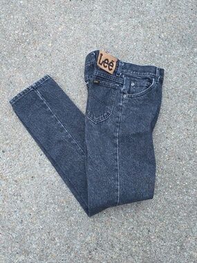 Vintage Lee Black Acid Washed High Waisted Rise Jeans Leather Patch